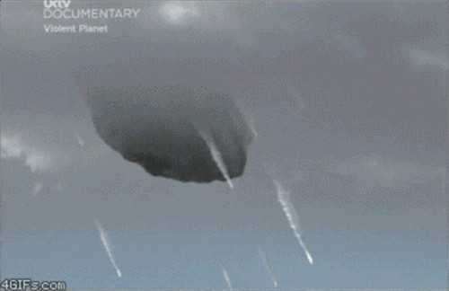 지구 멸망 2초 전 사진, 구름 속에서 거대한
            운석이 모습을 드러낸다